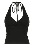 Ruched Plunge Halter Top-Outfit