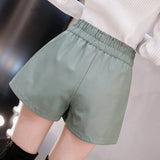 Elastic High Waist Wide Leg Biker Shorts Autumn PU Leather Shorts Women Plus Size Femme Casual Ladies Shorts
