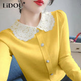 Winter Lace Patchwork Doll Collar Sweet Knitting Cardigan Lady Elegant Fashion All-match Buttons Sweater Top Women