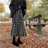 Tweed Plaid Fringed Long Skirt Women Wool Elegant French Midi Skirt Office Ladies Irregular Vintage Tassel Black A-Line