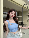 Women's Sweet Hot Camisole Padded Crop Top Fashion Girl Sleeveless Tee T-shirts Slim Stretchy Single Strap Camis With