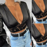 Sexy Lace Deep V Neck Slim Fit Crop Top Elegant Fashion Lady Summer Casual Solid Long Sleeve Satin Blouse