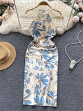 Senior Pearl Halter Ladies Dress Off Shoulder Elastic Waist Bodycon Dress 2023 Female Print Sexy Slit Long