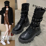 Autumn And Winter New Punk Tie Thick Bottom Mid-Sleest Boots Women Large Size Knight Boots