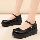 Skin Round Head Heel Slope And Shallow Mouth Single Shoes Waterproof Table Casual Leather Shoes Buckle With Loose Cake Thick-Soled Shoes Women
