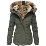Warm Wool Collar Cotton Clothes Women Zipper Long Sleeve Hooded Cotton Coat