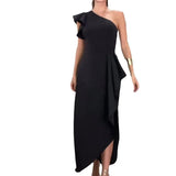 Zingj 2023 New Fashion Solid Color Diagonal Lace Sleeve Slit Sexy Skirt-Outfit
