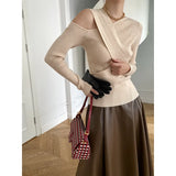 Fashion Women's Knitted Pullover Oblique Collar Slim Solid Color Long Sleeve Cross Bandage Sweater Autumn 2023 New