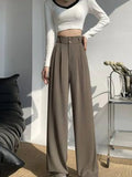 Waist Wide Leg Pants for Women New Loose Straight Coffee Trousers Autumn Double Buttons Casual Suit Pants