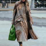 Winter Long Sleeve Jacket Outwear High Street Ladies Loose Pattern Printed Lapel Long Coat Office Fashion Women Woolen