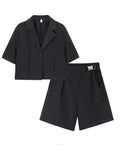 Fashion Simple Solid Color Suit Single Breasted Short Sleeve Blazer + Knee Length Pants England Style 2 Piece