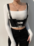 SUCHCUTE Goth Aesthetic Buckle Black Crop Tops Dark Academia Fashion PU Leather Women's Corset Tops Punk Style Gothic