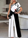 Fashion New Printed Wide Leg Pants Romper Elegant Female Loose Long Office Overall Commute Slash Neck Women Sexy