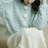 Blue Knitted Rose Buttoned Cardigan- Outfit