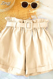 Women Casual High Waist Loose Cotton Short Pants 2023 Summer Elegant Sweet Girls All-Match Wide Leg Shorts With Belt