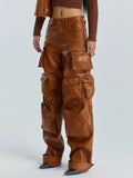 Zingj Cargo Pants Fall 2024 New Personality Splicing Loose PU Leather Pants Casual Wide-Leg Pants