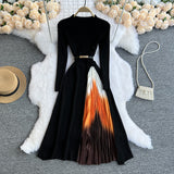 Zingj Knit Splicing Dress Simple Temperament Round Collar Long Sleeve Gradient Slim Thin Long Skirt
