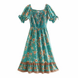 Queens Women Floral Print Short Sleeve Beach Bohemian Midi Dresses Ladies Sexy Off Shoulder Boho Dress