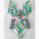 Ruffled Hem Bikini Set Women Flora V-Neck High-Waisted Two Piece Swimsuit 2023 Girl Beach Bathing Suit Swimwear