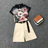 summer 2 pieces suits girl print chiffon blouse shirt women tops + shorts set Women two piece set tracksuit With