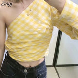 Women Fashion Yellow Plaid Print One Shoulder Pleated Asymmetric Shirt Lady Side Zipper Blouse Roupas Femininas Tops