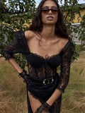 Y2k Fashion Party Vacation Beach Sexy Black Lace Long Dress Women's Spring Quarter Sleeve Mid-Calf Dresses