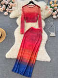 Korean Style Two Piece Suits O Neck Midi Blouse+High Waist Colorful Bodycon Skirt Women Fashion Transparent Slim