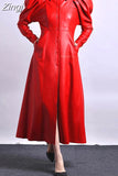 Spring Autumn Long Luxury Elegant Retro Black Soft Pu Leather Trench Coat for Women Puff Sleeve Runway Fashion