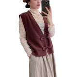 New French Vintage V Neckline Knitted Vest Cardigan With Chinese Style And Fashion Sleeveless
