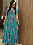 Summer New Elegant Women's Maxi Dress Bohmia Casual Flower Print Robe Fashion Hollow Out Ladies Short Sleeve Dress