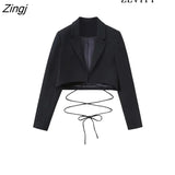 Women Fashion Front Crossover Tied Cropped Blazer Coat Vintage Notched Collar Long Sleeve Female Outerwear Chic
