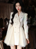 Elegant Mini White Dress Women Vintage Chic Bow Mesh Design Formal Dress Summer Casual Slim Birthday Evening Party