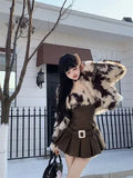 Hot Girl Suit Women's Autumn/Winter Faux Fur Short Coat Strap Slim Fit A-line Dress Two-piece Set Fashion Female