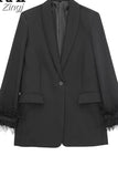 Black Feather Blazer Women Button Fashion Woman Blazer 2023 Casual Elegant Womens Jackets Long Sleeve Women's Winter