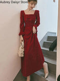 Red Long Dress Women Vintage Square Collar Chic Sequin Design Formal Occasion Dress Casual Wedding Evening Party