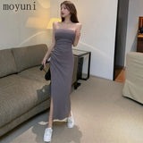 Summer Sexy Socialite Off-the-Shoulder Split Slim-Fit Sheath Fashionable Mid-Length One-Step Off-Neck Dress