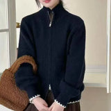 Solid Color Thin Knitted Collar Jacket 2025 New Simple Leisure Pocket Short Zipper Open