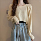 Autumn Women Solid Sweater O-Neck Loose Sweater Pullover Crop Top Sweaters Shirts Femme Knit Outwear
