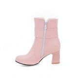 Comfortable Thick Heel Ankle Boots Fashion Buckle Zipper Boots Women Round Toe Fall Winter Shoes Black White