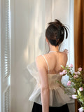 Organza Sheer Tube Top Backless Tulle Designer Korean Cami Peplum Top Summer Holiday Outfits Elegant Women