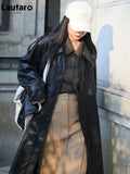 Spring Oversized Long Green Black Soft Pu Leather Trench Coat for Women Raglan Sleeve Belt Single Breasted Fashion