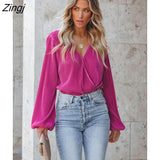 PETAL Surplice Neck Peasant Long Sleeve Top For Woman Fuchsia Casual Pullovers 2023 Spring Autumn Tee Shirts