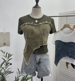 Solid Shooting Denim Splicing Mesh Yarn Short-Sleeved T-Shirt Summer Dress Irregularly Short High-Waist Repair Body Coat