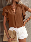 Women's Summer New V-Neck Casual Double-Layer Lotus Leaf Sleeve Solid Shirt