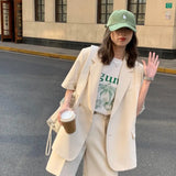 Sets Women Summer Simple Notched Short Sleeve Street Office Trendy Korean Style High Waist Baggy Cozy Female Two