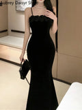 Black Velvet Floral Long Dress Women Vintage Spaghetti Strap Sleeveless Dress Fashion Casual Sexy Evening Party Dress