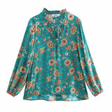 Queens Women Tops Vintage Floral Print Tassel Loose Blouses Ladies Tie Neck Long Sleeve Beach Shirts Blusas