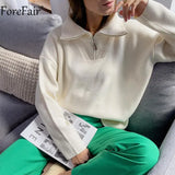 2021 Green Zip Pullovers Loose Long Sleeve V Neck Casual White Solid Women Oversized Jumper Knitted Tops Winter