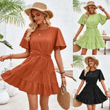 New Fresh Dress Women's Round Collar Hollow Short Sleeve Waist