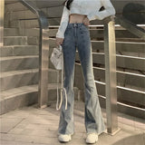 High Waist Bell Bottom jeans Women Vintage Stretch Skinny Flare Denim pants Ladies Casual Light blue Long